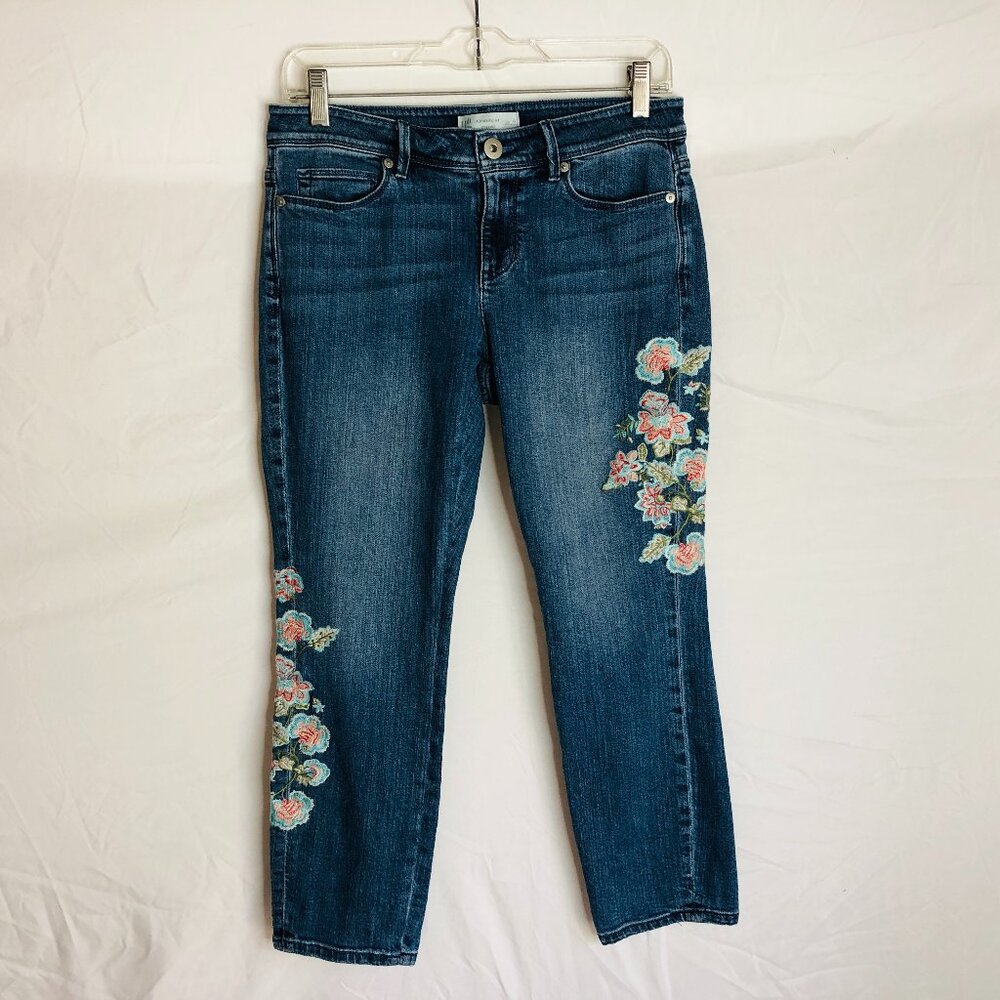 J. Jill Women's Size 4 Blue Cropped Denim Capri Jeans Floral Embroidered